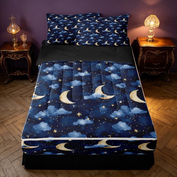 Homewish Watercolor Moon Stars Zipper Twin Comforter Sets with Fitted Sheet and 2 Pillowcases, Cartoon Clouds Zipper Bedding Set for Kids, Blue, Black Reversible