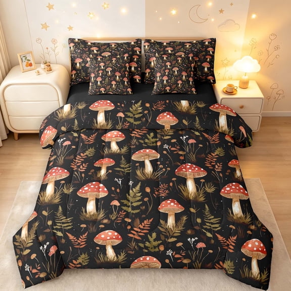 Homewish Watercolor Mushrooms 7-Piece Twin Bedding,Wild Flowers Bedding Comforter Set,Black,Black Reversible