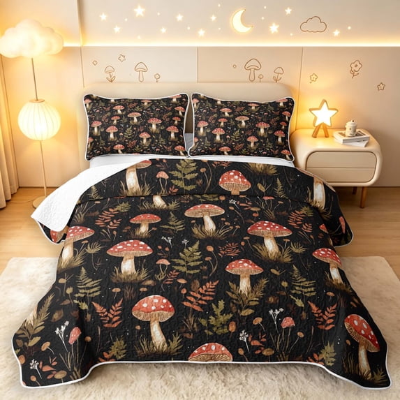 Homewish Watercolor Mushrooms Quilt King,Wild Flowers King Coverlet Set,Black,Black Reversible,3 Pieces
