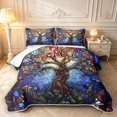 thumbnail image 1 of Homewish Watercolor Nature Tree Floral Quilt King,Colorful Boho Glass King Coverlet Set,Navy,Black Reversible,3pcs, 1 of 7
