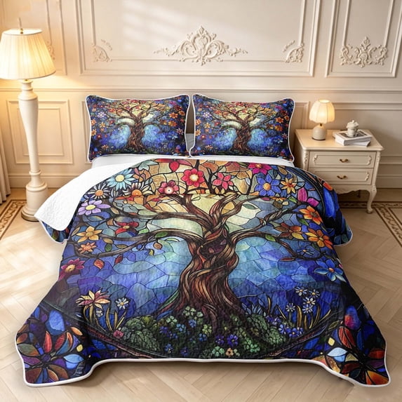 Homewish Watercolor Nature Tree Floral Quilt King,Colorful Boho Glass King Coverlet Set,Navy,Black Reversible,3pcs