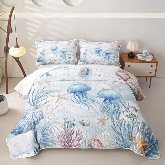 Homewish Watercolor Ocean Coral Bed Spread Queen,Wild Jellyfish Starfish Queen Coverlet Set For Girls Kids,3-Piece