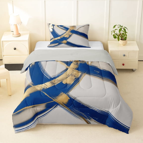 Homewish Watercolor Ombre Twin Comforter Sets,Swirl Stripe Bedding Set,Navy Gold Gray,Light Gray Reversible,2-Piece,1 Comforter and 1 Pillowcase