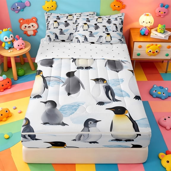 Homewish Watercolor Penguin Iceberg Zipper Queen Comforter Set with Fitted Sheet and 2 Pillowcases,Arctic Cartoon Animals Zipper Bedding Set For Boys,Reversible,4-Piece