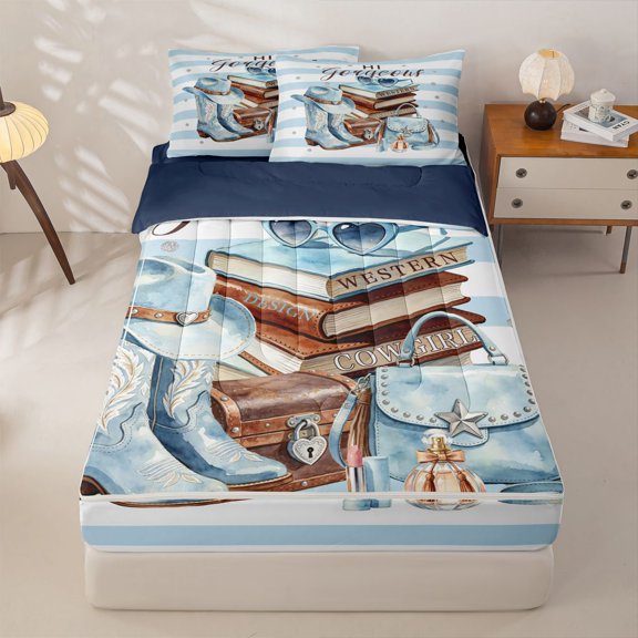 Homewish Watercolor Perfume Cowgirl Boots Zipper Twin Comforter Sets with Fitted Sheet and 2 Pillowcases,Fashion Lipstick Zipper Bedding Set,Navy Blue Reversible,4pcs