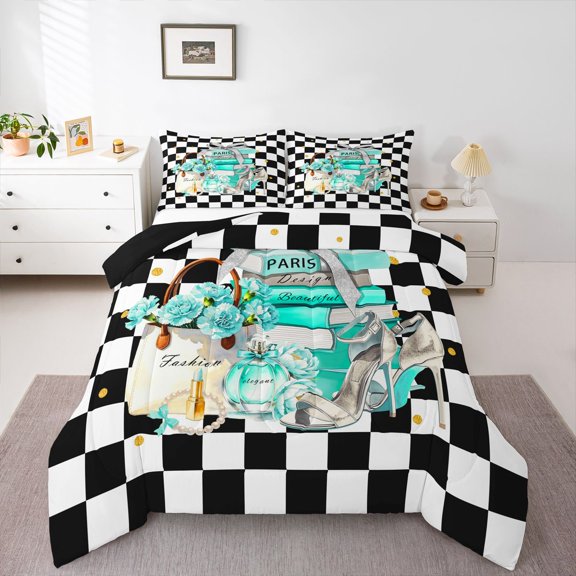Homewish Watercolor Perfume High Heels Queen Comforter Set,Dreamy Floral Comforter Sets Queen,Teal,Black Reversible,3pcs,1 Comforter and 2 Pillowcases