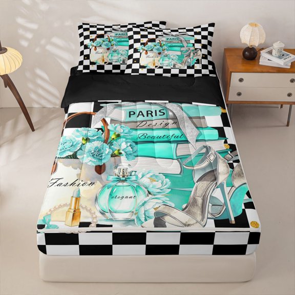 Homewish Watercolor Perfume High Heels Zipper Twin Comforter Sets with Fitted Sheet and 2 Pillowcases,Dreamy Floral Zipper Bedding Set,Teal,Black Reversible,4pcs