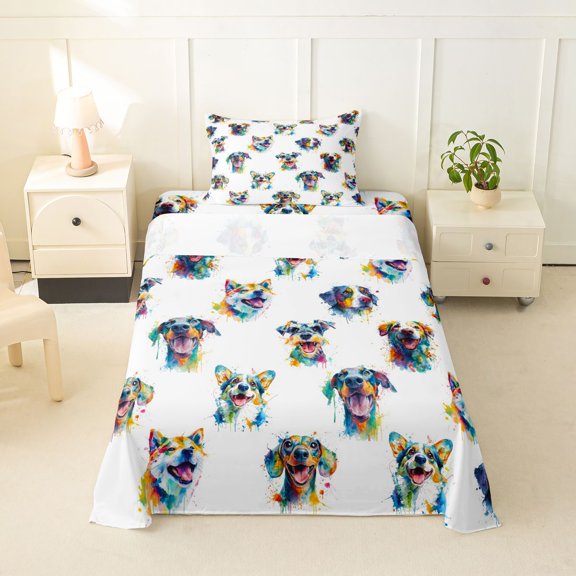 Homewish Watercolor Pet Dog Twin Sheets,Cartoon Animal Bedding,White,3 Pieces,1 Fitted Sheet and 1 Pillowcase