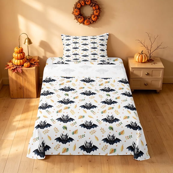 Homewish Watercolor Pink Bat Twin Sheets, FHalloween Theme Bedding, Gray Yellow White, 3-Piece (1 Flat Sheet, 1 Fitted Sheet and 1 Pillowcase)