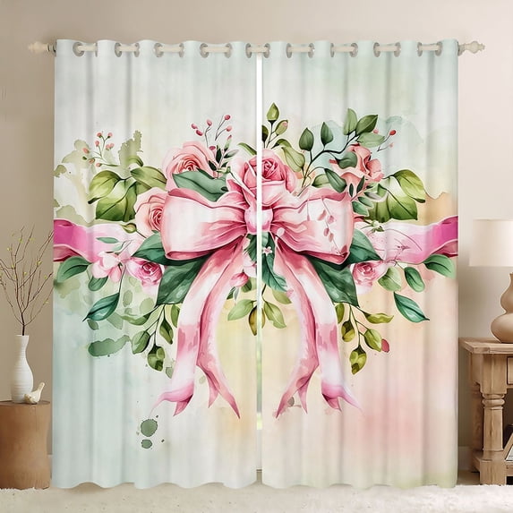 Homewish Watercolor Pink Bow-tie Black Out Curtains, Spring Garden Flower Curtains Pack of 2 (42x63 Each), Teens Kids Girls Women Bedroom Curtains, Blackout Curtains Room Decor