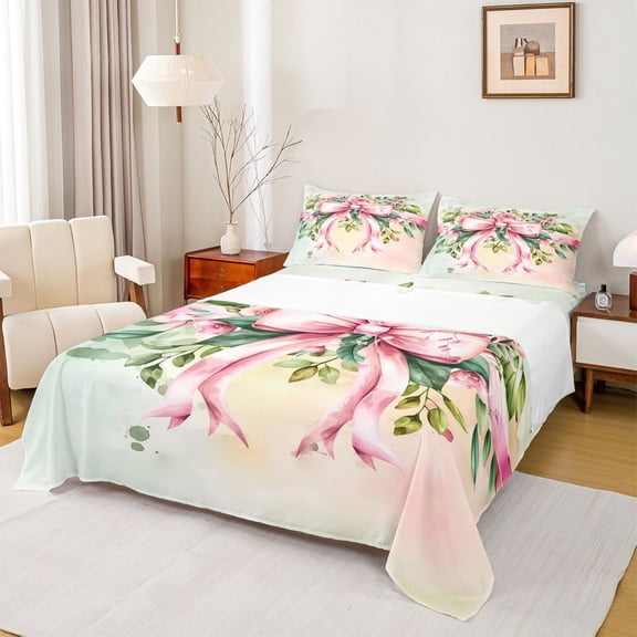 Homewish Watercolor Pink Bow-tie Full Size Sheets, Spring Garden Flower Bed Sheets, Teens Kids Girls Women Sheet Sets, Lightweight Room Decor, 4-Piece