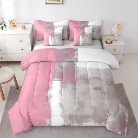 Homewish Watercolor Pink Ombre 7-Piece Twin Bedding,Aesthetic Geometric Bedding Comforter Set,Light Gray Reversible