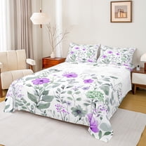 Homewish Watercolor Plant Botanical Bed Sheets, Rustic Purple Flower King Sheets, Teens Adult Girls Women Sheet Set, Luxury Bedroom Decor, 4 Pieces
