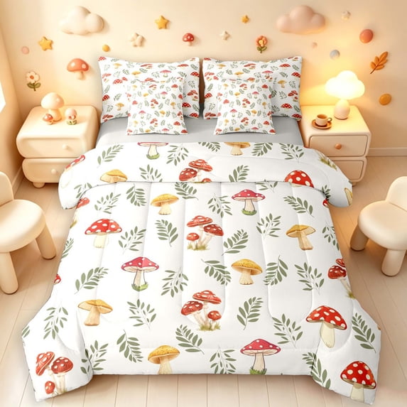 Homewish Watercolor Plant Mushrooms 7-Piece Twin Bedding,Botanical Fungi Bedding Comforter Set,White Red,Light Gray Reversible