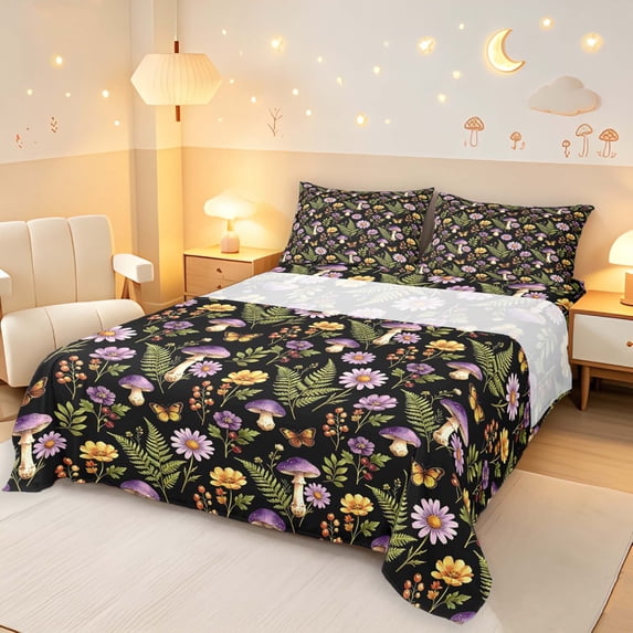 Homewish Watercolor Plant Mushrooms Bed Sheets,Romantic Daisy Flowers Full Size Sheets,4-Piece,1 Flat Sheet, 1 Fitted Sheet and 2 Pillowcases