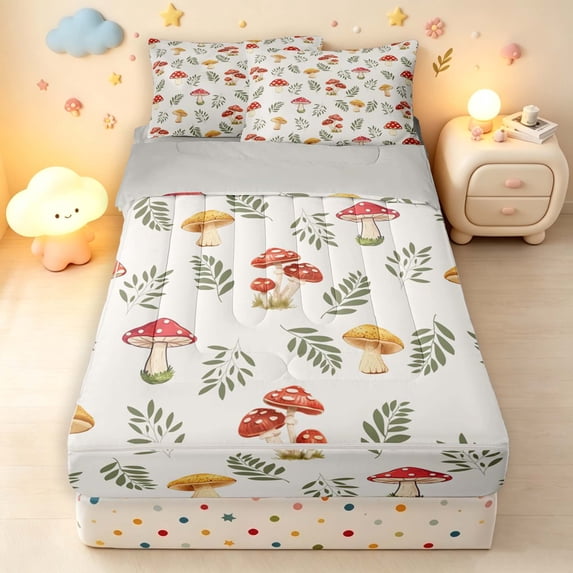 Homewish Watercolor Plant Mushrooms Zipper Twin Comforter Sets with Fitted Sheet and 2 Pillowcases,Botanical Fungi Zipper Bedding Set,White Red,Light Gray Reversible,4pcs