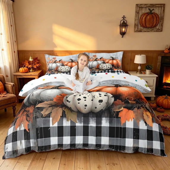 Homewish Watercolor Pumpkin Duvet Cover Queen, Botanical Plant Queen Bedding, White Black Orange Gray, Polka Dots Reversible 3 Pieces, 1 Duvet Cover and 2 Pillowcases