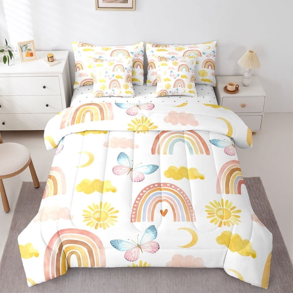 Homewish Watercolor Rainbow Child Bedding Comforter Set 7-Piece, Gold Cloud Sun Moon King Bedding Sets, Kawaii Cartoon Butterfly Reversible Bed Sheets, Breathable Home Decor