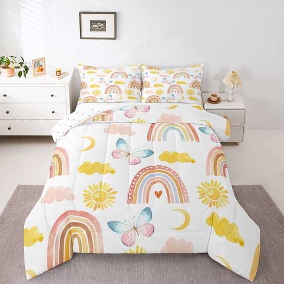 Homewish Watercolor Rainbow Child Bedding Comforter Set, Gold Cloud Sun Moon Twin Comforter Sets, Kawaii Cartoon Butterfly Reversible Bedding Set, Breathable Home Decor, 2pcs