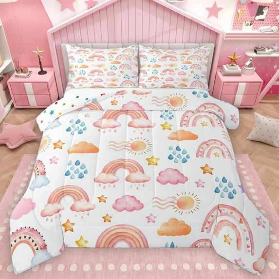 Homewish Watercolor Rainbow Clouds Full Size Comforter Sets,Colorful Stars Graffiti Bedding Comforter Set,Pink White Bedding Sets For Girl Kids,Breathable Home Decor Reversible,3pcs