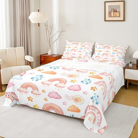 Homewish Watercolor Rainbow Clouds Twin Sheet Sets,Colorful Stars Graffiti Twin Fitted Sheet,Pink White Flat Sheet For Girl Kids,Breathable Home Decor,3 Pieces