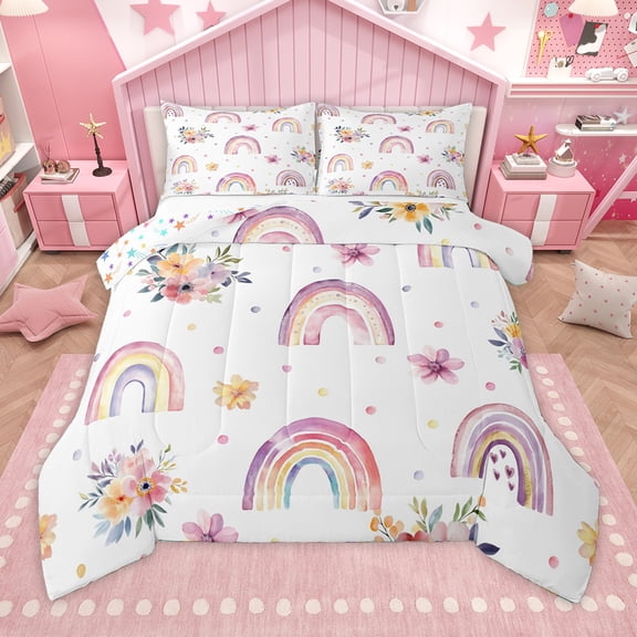 Homewish Watercolor Rainbow Full Size Comforter Sets,Retro Rustic Flower Bedding Comforter Set,Colorful Polka Dots Bedding Sets For Girl Boys,Breathable Home Decor Reversible,3 Pieces