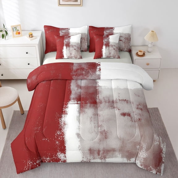 Homewish Watercolor Red Ombre 7pcs Queen Bedding,Abstract Geometric Bedding Comforter Set Queen,Light Gray Reversible