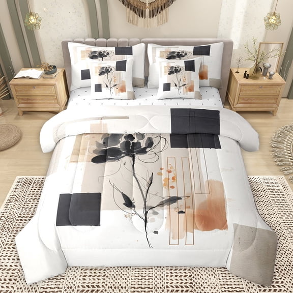 Homewish Watercolor Rose Women Bedding Comforter Set 7 Pieces, Square Rectangle Abstract Full Bedding Set, Modern Fashion Ink Reversible Fitted Sheet Flat Sheet, Lightweight Room Decor