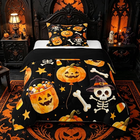 Homewish Watercolor Skeleton Pumpkin Twin Comforter Sets for Kids, Halloween Balloon Bedding Set, Black Reversible, 2-Piece, 1 Comforter and 1 Pillowcase