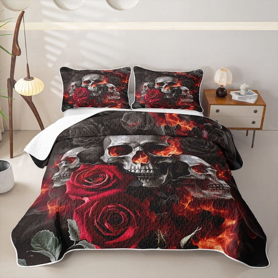Homewish Watercolor Skull Bed Spread Queen,Vintage Rose Flowers Queen Coverlet Set,Gray Red,3 Pieces