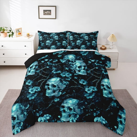 Homewish Watercolor Skull Skeleton Full Size Comforter Sets,Halloween Bedding Comforter Set,Teal Flowers Duvet,Black Reversible,3-Piece,1 Comforter and 2 Pillowcases