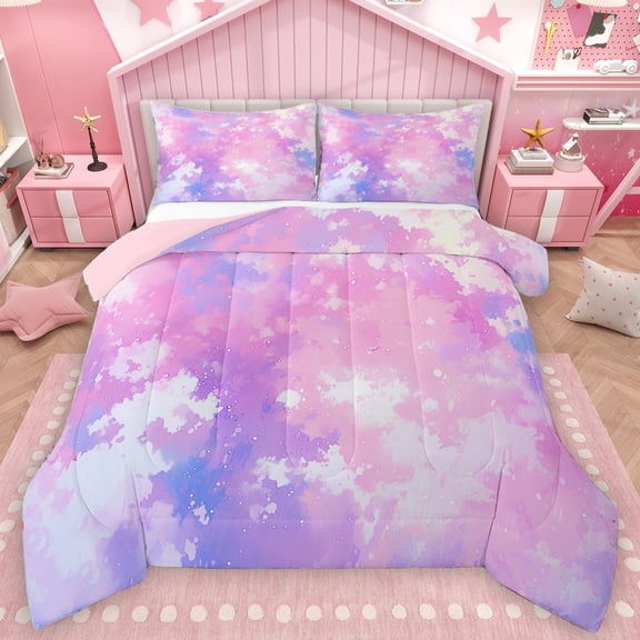 Homewish Watercolor Splatter Ink Bedding Comforter Set,Ink Painting Twin Comforter Sets,Pink Purple Ombre Bedding Set For Girls Kids,Super Cozy Room Decor Reversible,2 Pieces