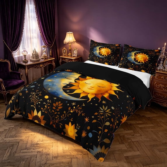 Homewish Watercolor Sun Moon Bedding, Botanical Leaves Duvet Cover Full, Black Reversible 3pcs, 1 Duvet Cover and 2 Pillowcases