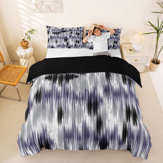 Homewish Watercolor Tie Dye Bedding,Geometric Abstract Duvet Cover Full,Purple Gray,Black Reversible,3 Pieces,1 Duvet Cover and 2 Pillowcases