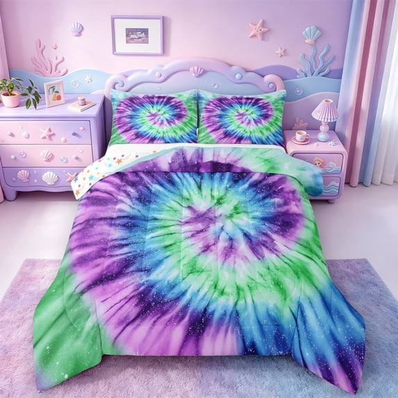 Homewish Watercolor Tie Dye Full Size Comforter Sets,Modern Asethetic Artistic Bedding Comforter Set,Green Purple Blue Bedding Sets For Men Women,Breathable Home Decor Reversible,3pcs