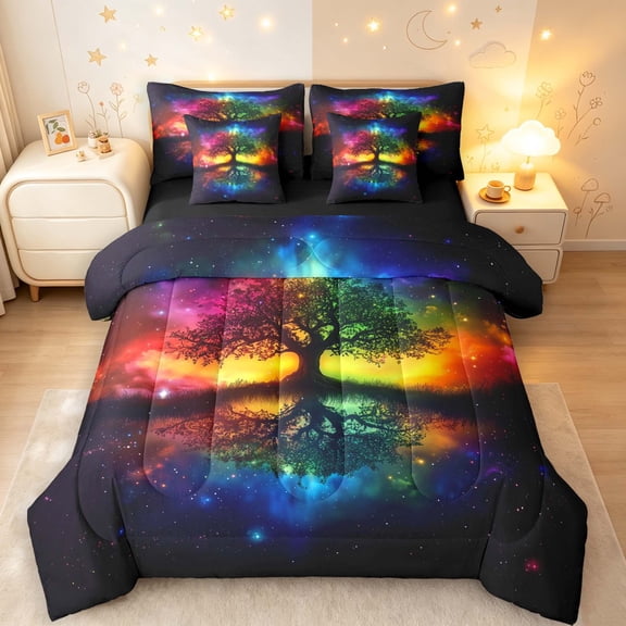 Homewish Watercolor Tree Of Life 7 Pieces Full Size Bedding Sets,Stars Galaxy Printed Full Size Bed in a Bag,Multicolor,Black Reversible