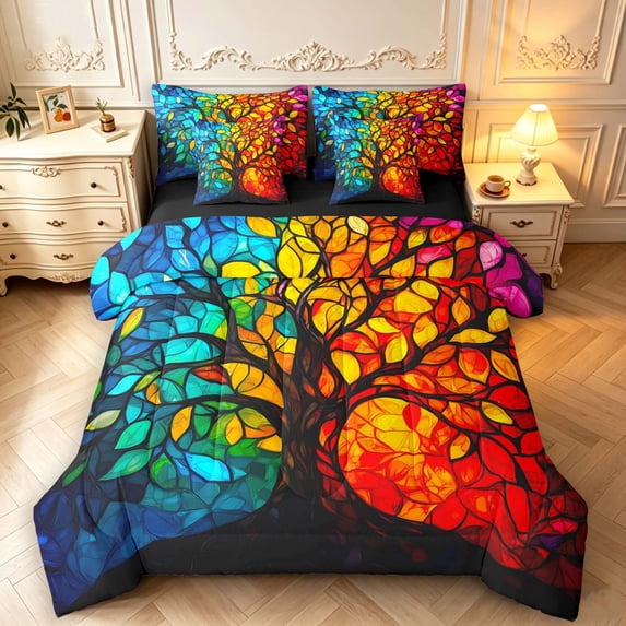 Homewish Watercolor Tree Of Life 7pcs Queen Bedding,Colorful Boho Glass Bedding Comforter Set Queen,Black Reversible