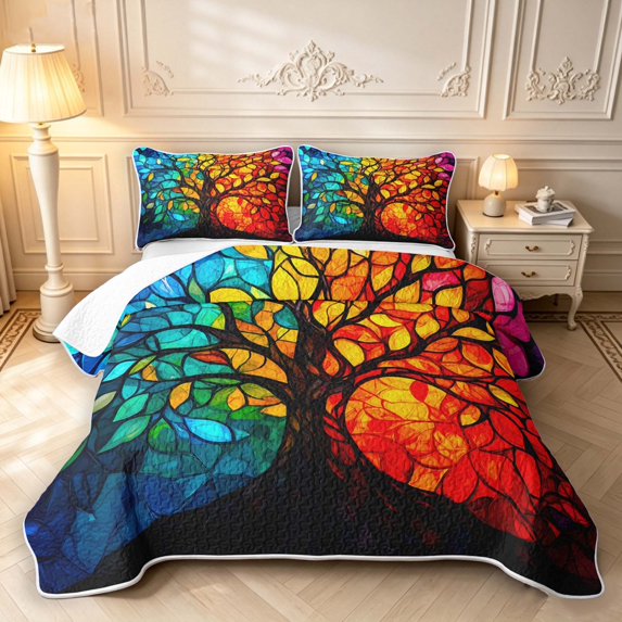 Homewish Watercolor Tree Of Life Quilt Full,Colorful Boho Glass Full Bedspread Sets,Black Reversible,3 Pieces