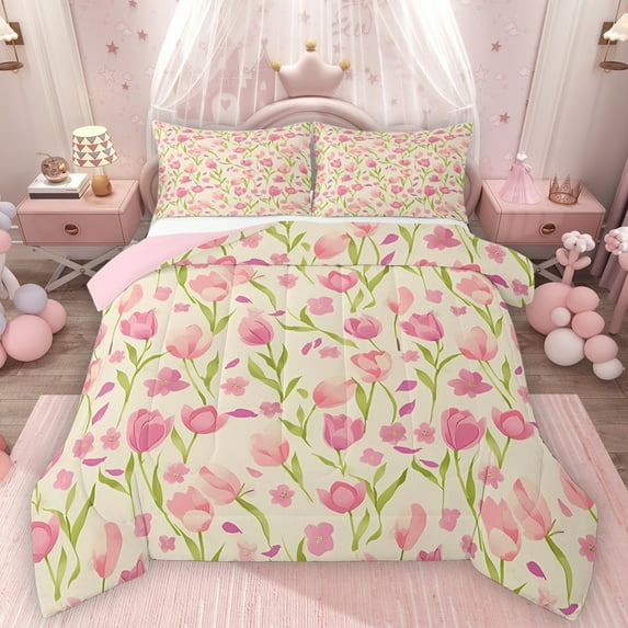 Homewish Watercolor Tulip Full Size Comforter Sets,Cartoon Flower Floral Bedding Comforter Set,Pink Beige Bedding Sets For Kids,Microfiber Bedroom Decor Reversible,3pcs