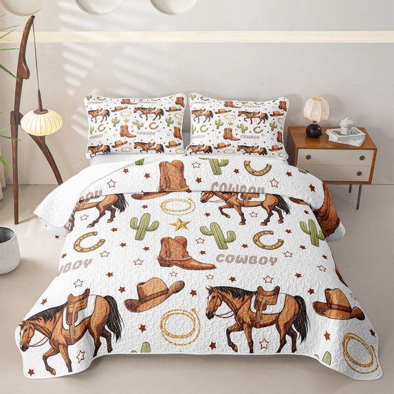 Homewish Watercolor Western Cowboy Bed Spread Queen,Horse Cactus Queen Coverlet Set,Brown Green,3-Piece