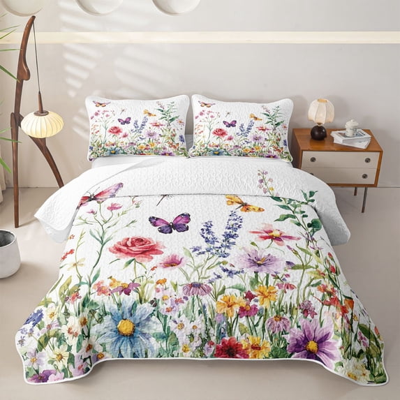 Homewish Watercolor Wildflower Butterfly Quilt Full For Women,Multicolor Romantic Full Bedspread Sets,3-Piece