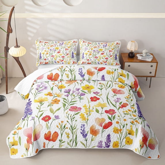 Homewish Watercolor Wildflower Heart Twin Quilt Set For Women,Yellow Purple Red Twin Coverlet Set,2-Piece