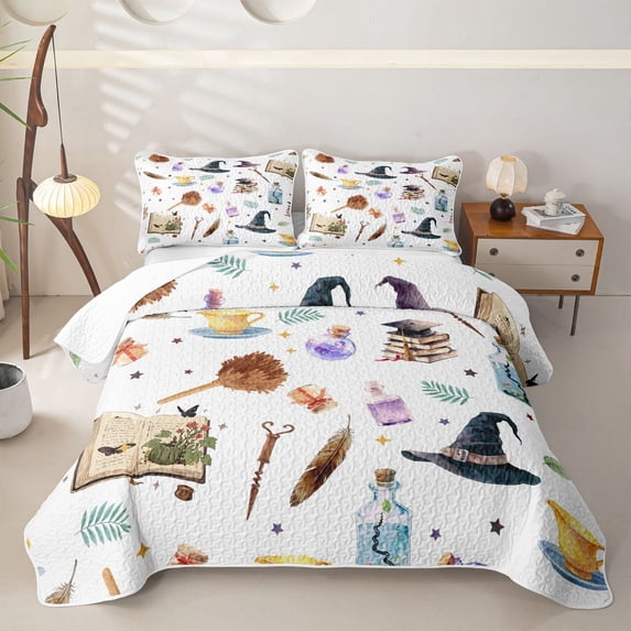 Homewish Watercolor Witch Halloween Twin Quilt Set,Magic Cartoon Book Print Twin Coverlet Set,Cream White,2 Pieces
