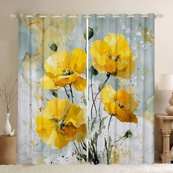 Homewish Watercolor Yellow Flower Blackout Curtains Set of 2 (52x84 Each), Marbling Abstract Ombre Window Curtains, Modern Fashion Curtains and Drapes, Black Out Curtains Room Decor
