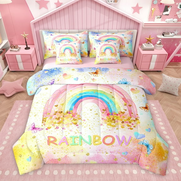 Homewish Wateroclor Rainbow Twin Bedding Sets 7-Piece for Teen, Dreamy Butterfly Bedding Comforter Set, Gold Glitter Love Heart Reversible Sheet Sets, Super Cozy Room Decor