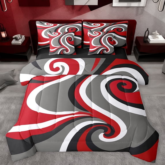 Homewish Wave Striped Lines 7-Piece Twin Bedding Sets,Bohemain Geometric Bedding Comforter Set,Red Gray Black Sheet Sets For Teens,Super Cozy Room Decor Reversible
