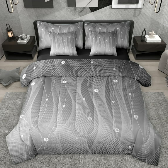 Homewish Wave Striped Lines 7-Piece Twin Bedding Sets,Modern Abztract Geometric Bedding Comforter Set,Gray White Sheet Sets For Teens,Super Cozy Room Decor Reversible