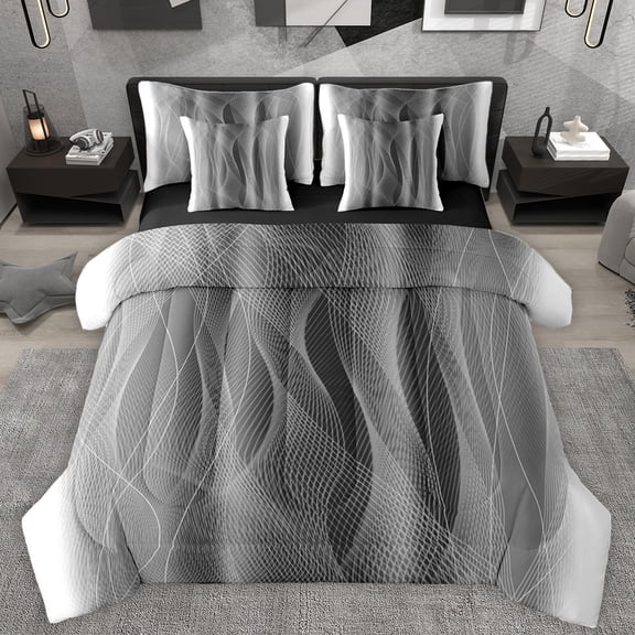 Homewish Wave Striped Lines 7 Pieces Bedding Comforter Set,Modern Abztract Geometric Full Bedding Set,Gray Black White Fitted Sheet Flat Sheet For Teens,Super Cozy Room Decor Reversible