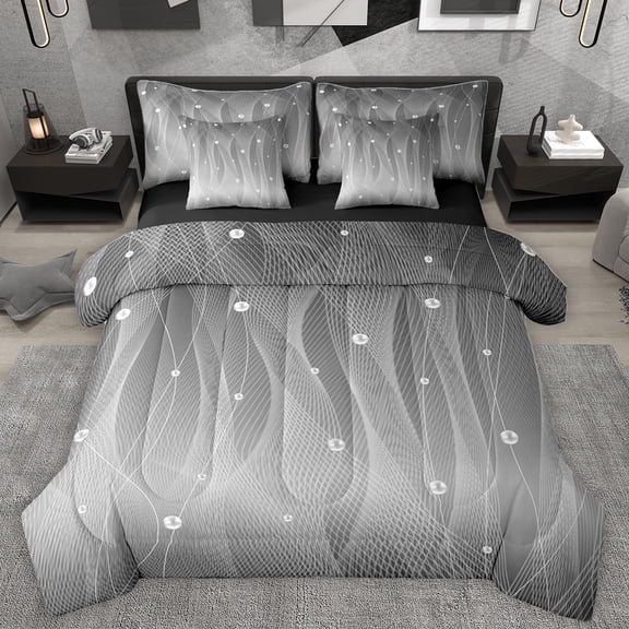 Homewish Wave Striped Lines 7 Pieces Bedding Comforter Set,Modern Abztract Geometric Full Bedding Set,Gray White Fitted Sheet Flat Sheet For Teens,Super Cozy Room Decor Reversible