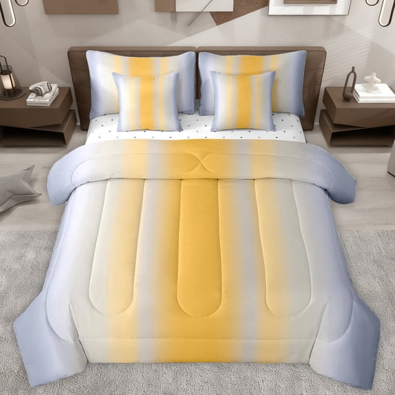 Homewish Wave Striped Lines 7 Pieces Bedding Comforter Set,Modern Abztract Geometric Full Bedding Set,Orange Gray Fitted Sheet Flat Sheet For Teens,Super Cozy Room Decor Reversible